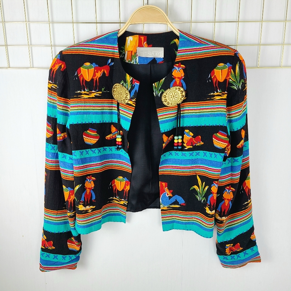 A.C. Sport Aztec Southwestern Cropped Made In USA Beaded Tassel Vintage Jacket